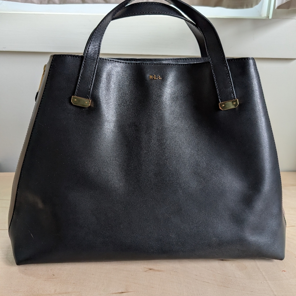 Lauren Ralph Lauren Handbag Large Tote Black And Taupe Gold Zipper And Feet - Picture 3 of 7